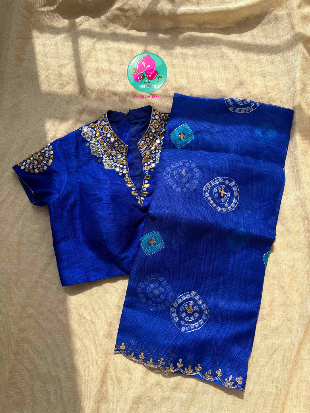 Electric Sapphire: Pure Bright Blue Bandhani Kota Silk & Raw Silk Mirror Blouse