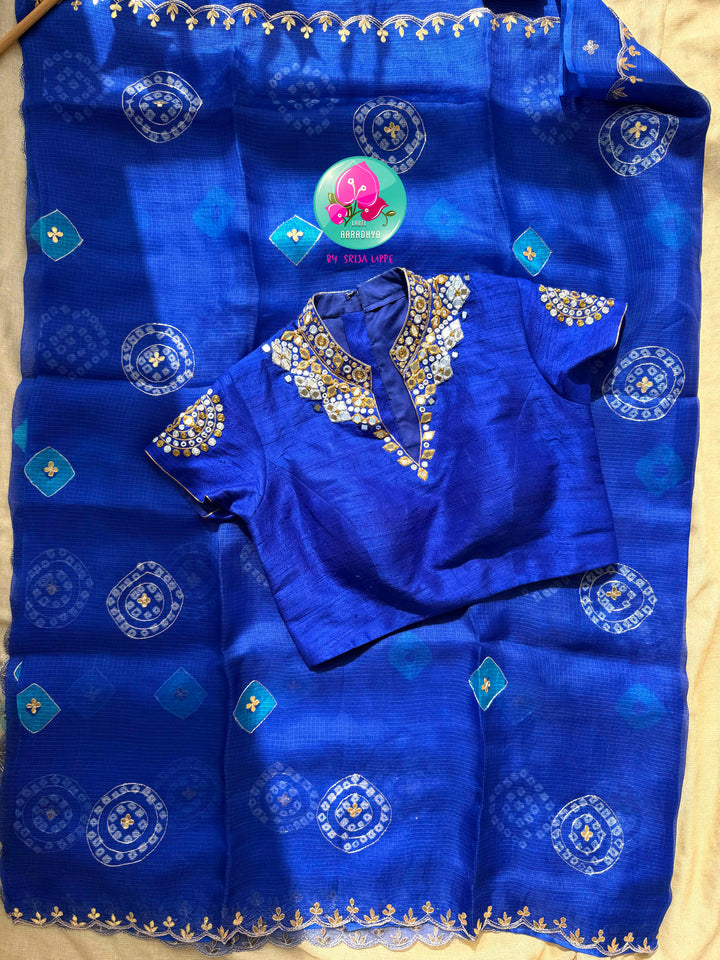 Electric Sapphire: Pure Bright Blue Bandhani Kota Silk & Raw Silk Mirror Blouse