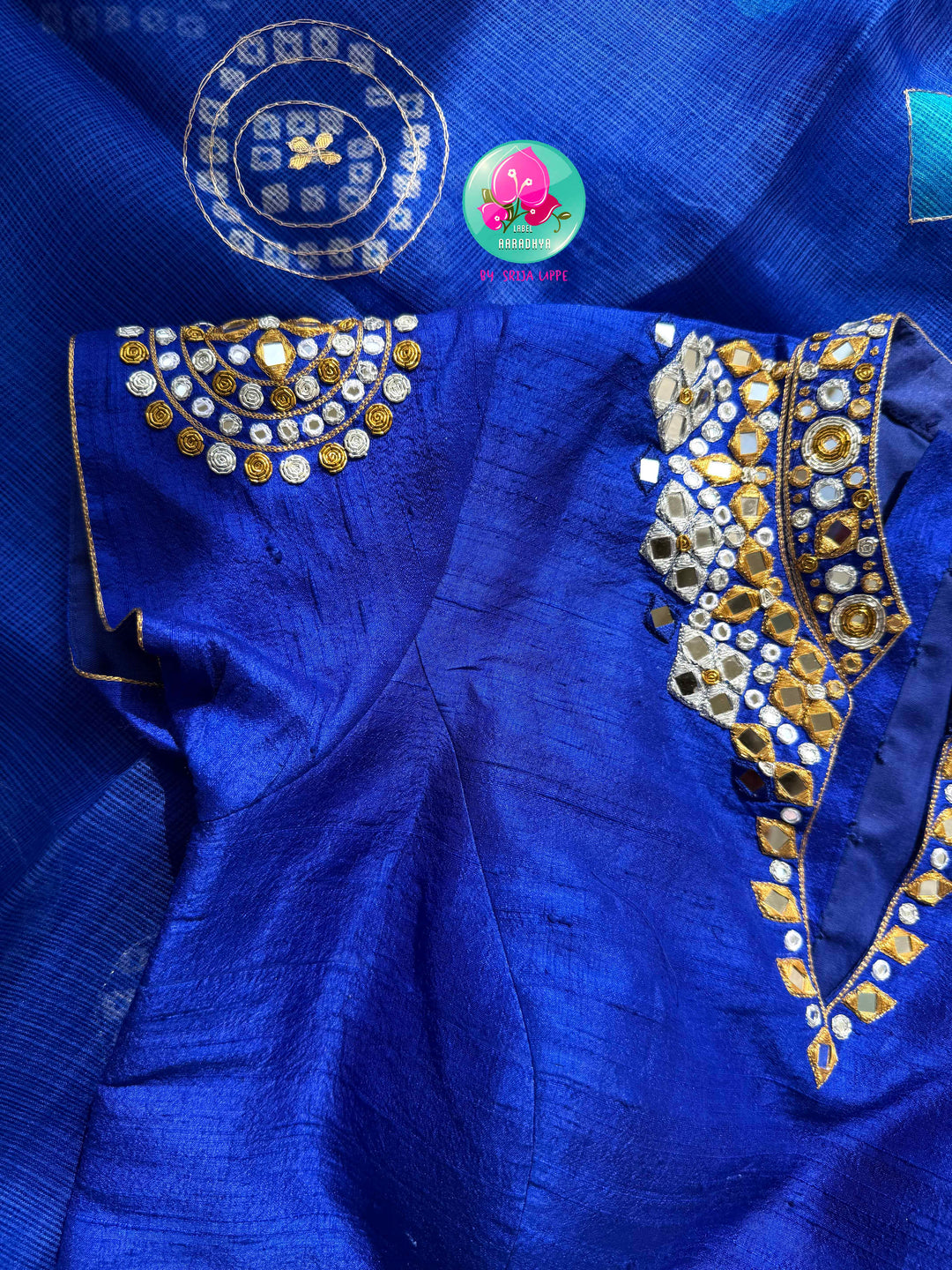 Electric Sapphire: Pure Bright Blue Bandhani Kota Silk & Raw Silk Mirror Blouse