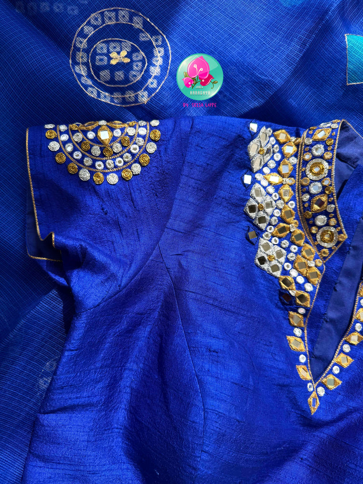 Electric Sapphire: Pure Bright Blue Bandhani Kota Silk & Raw Silk Mirror Blouse