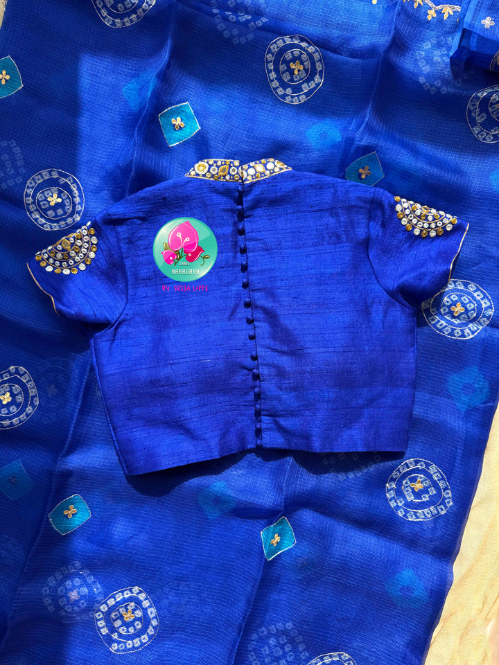 Electric Sapphire: Pure Bright Blue Bandhani Kota Silk & Raw Silk Mirror Blouse