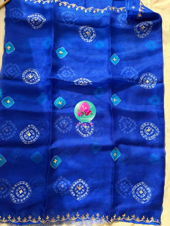 Electric Sapphire: Pure Bright Blue Bandhani Kota Silk & Raw Silk Mirror Blouse