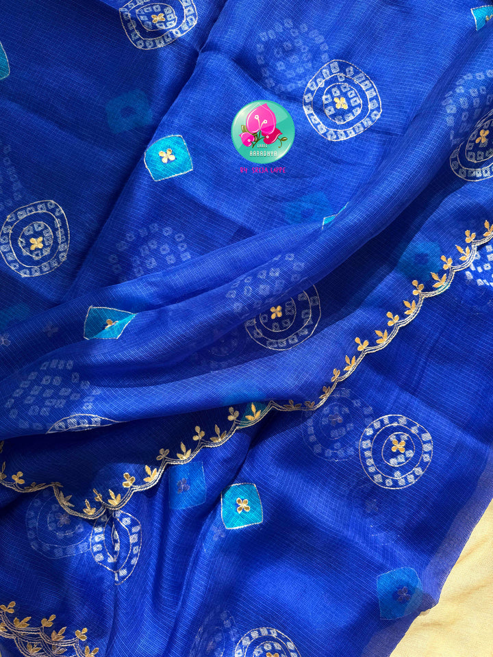 Electric Sapphire: Pure Bright Blue Bandhani Kota Silk & Raw Silk Mirror Blouse