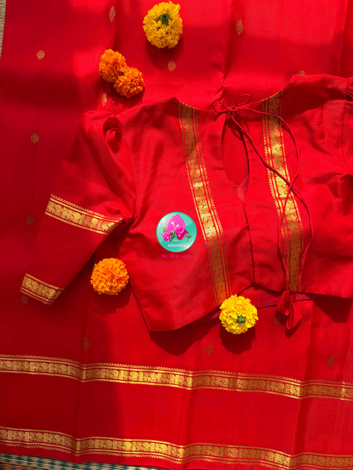 Radiant Crimson Splendor: Pure Kanchipattu Handloom Red Saree with Designer Patterned Blouse