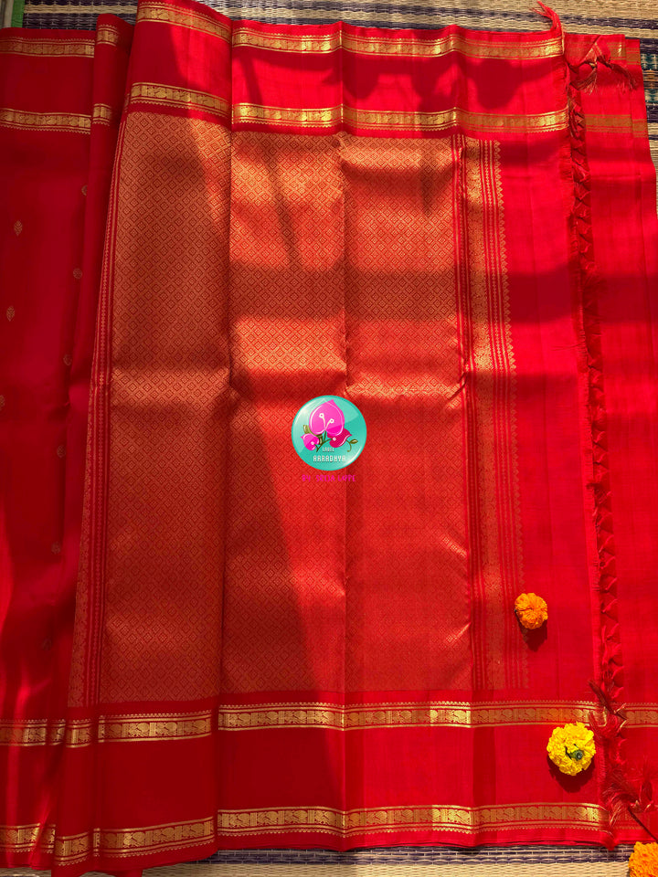 Radiant Crimson Splendor: Pure Kanchipattu Handloom Red Saree with Designer Patterned Blouse