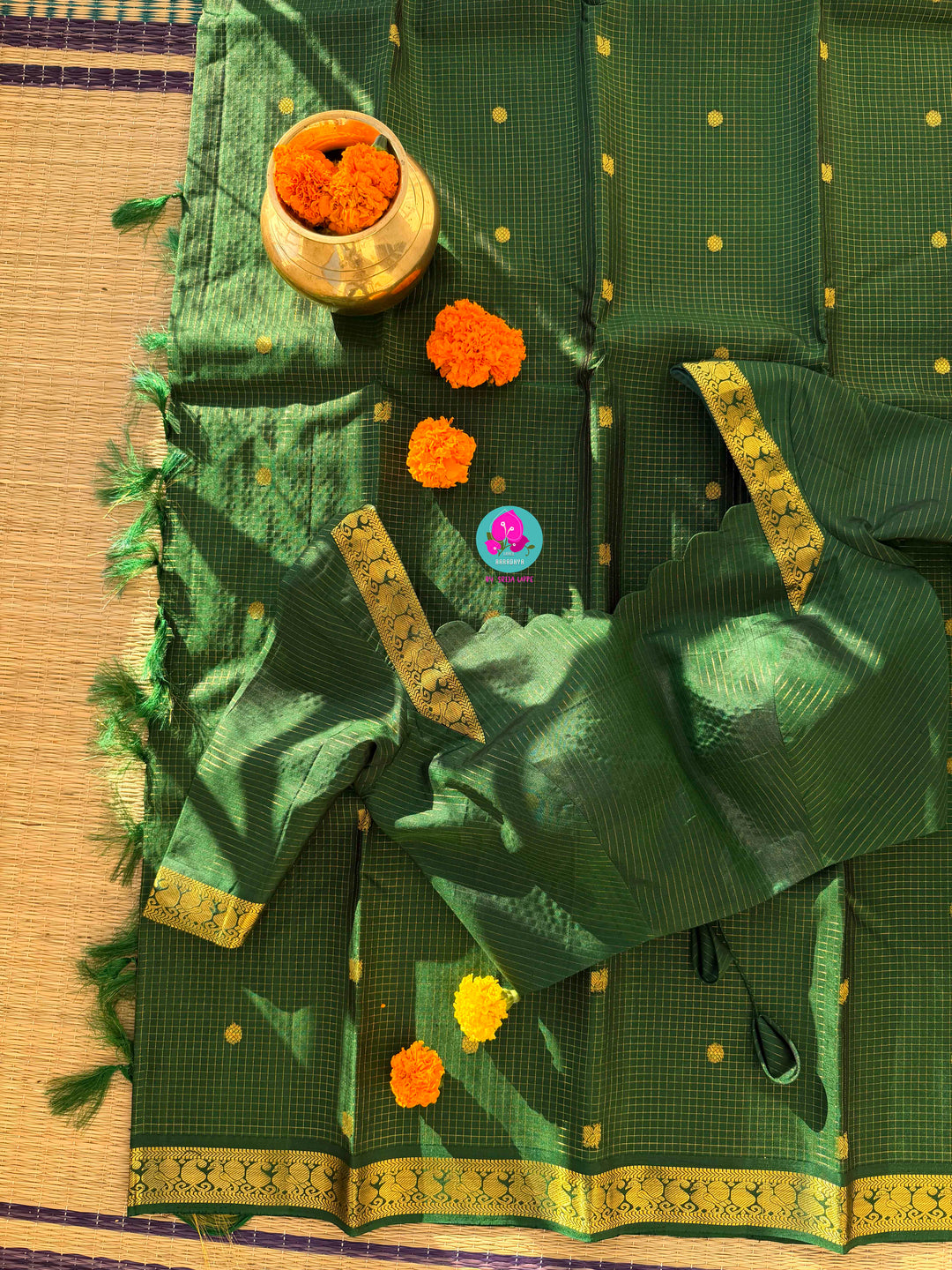 Deep Forest Green Kanchipattu Saree with Shimmering Vaira Oosi & Patterned Blouse