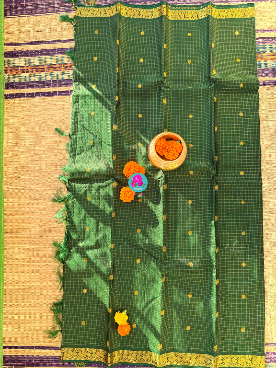 Deep Forest Green Kanchipattu Saree with Shimmering Vaira Oosi & Patterned Blouse