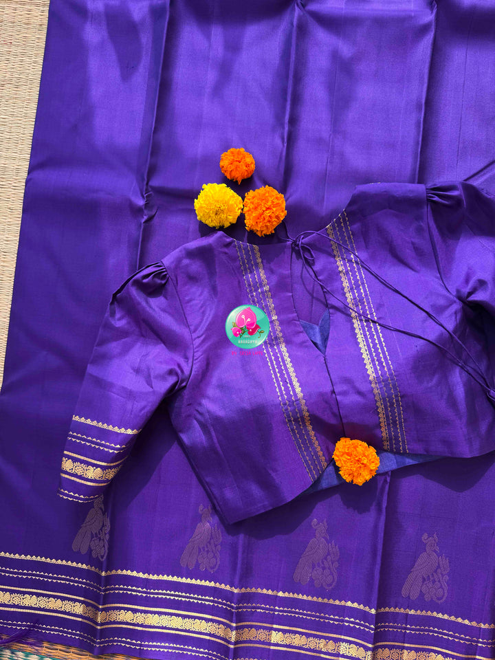 Royal Violet Splendor: Pure Purple Kanchipattu Silk Saree & Patterned Blouse
