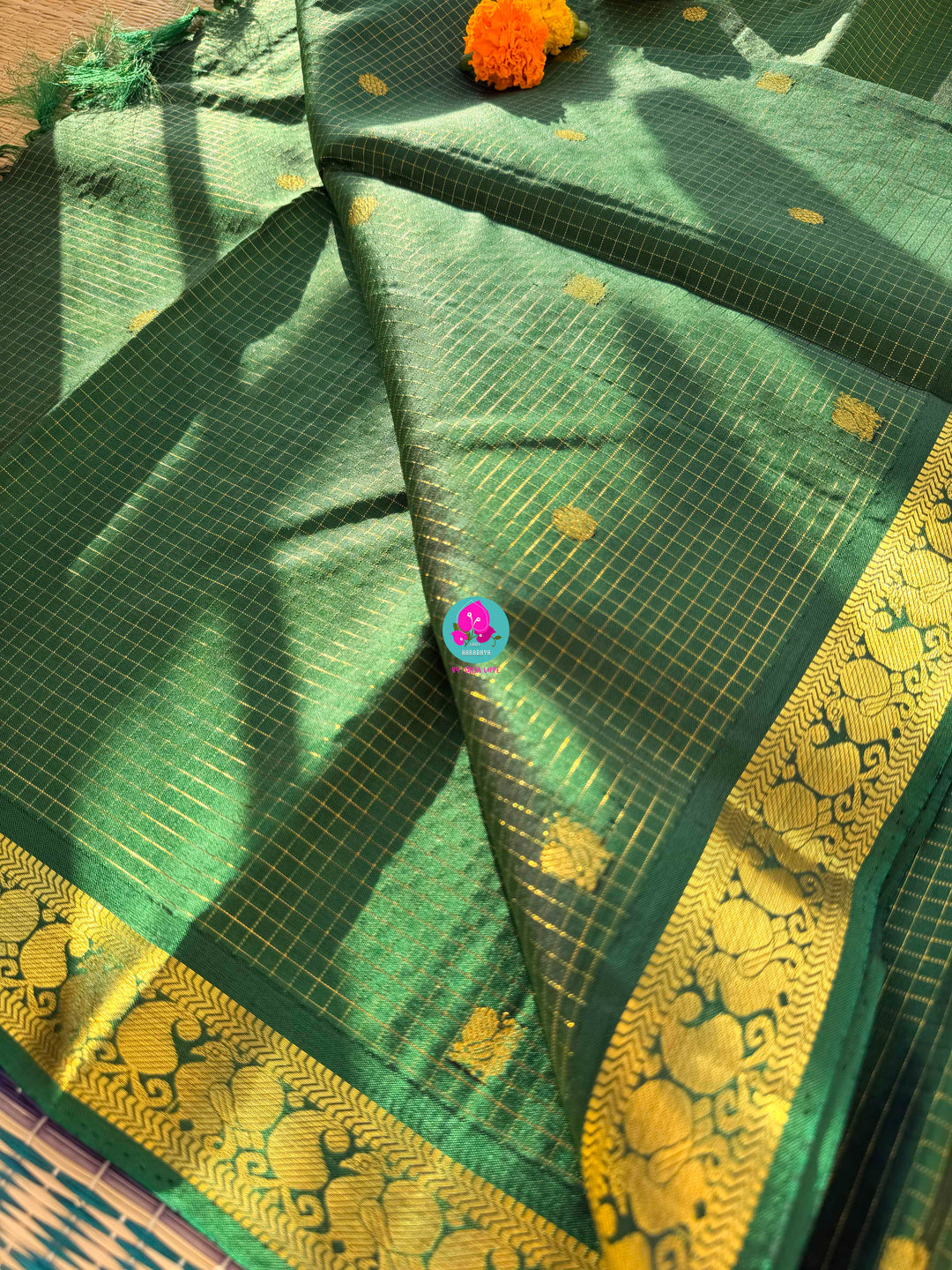 Deep Forest Green Kanchipattu Saree with Shimmering Vaira Oosi & Patterned Blouse