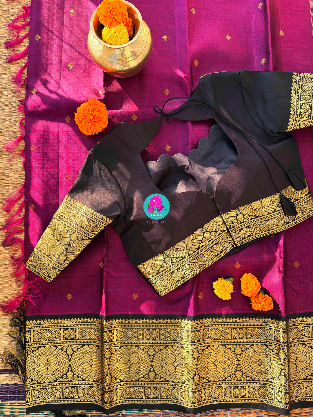 Magenta Majesty: Deep Purplish Kanchipattu with Opulent 2G Zari & Midnight Contrast Blouse