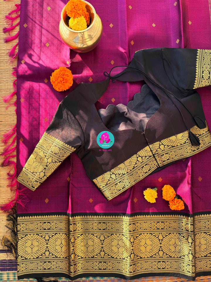 Magenta Majesty: Deep Purplish Kanchipattu with Opulent 2G Zari & Midnight Contrast Blouse