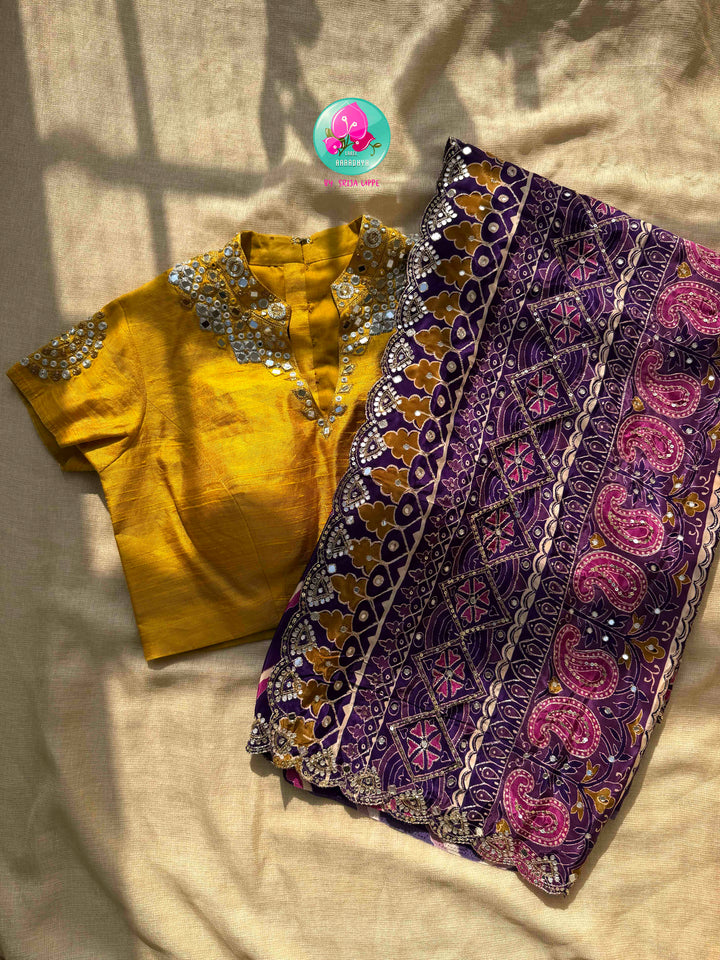 Contemporary Partywear Glamour: Imperial Purple Leheriya Crape Saree & Sunflower Yellow Mirror Blouse