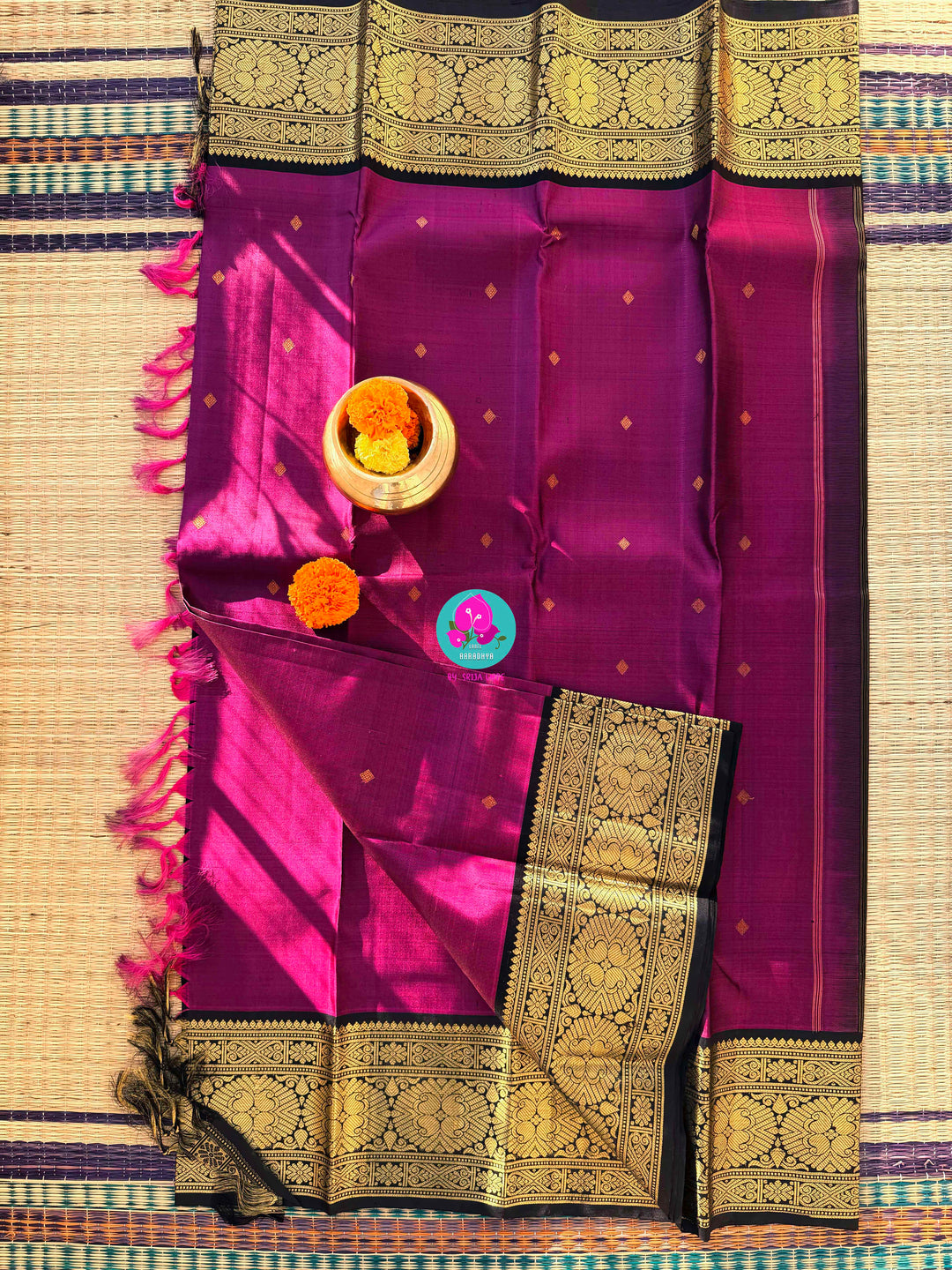 Magenta Majesty: Deep Purplish Kanchipattu with Opulent 2G Zari & Midnight Contrast Blouse