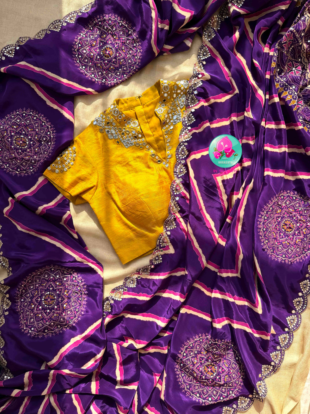 Contemporary Partywear Glamour: Imperial Purple Leheriya Crape Saree & Sunflower Yellow Mirror Blouse