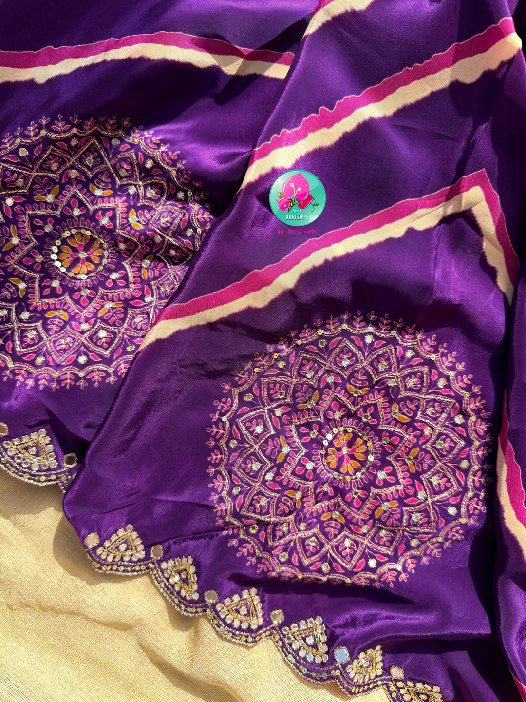 Contemporary Partywear Glamour: Imperial Purple Leheriya Crape Saree & Sunflower Yellow Mirror Blouse