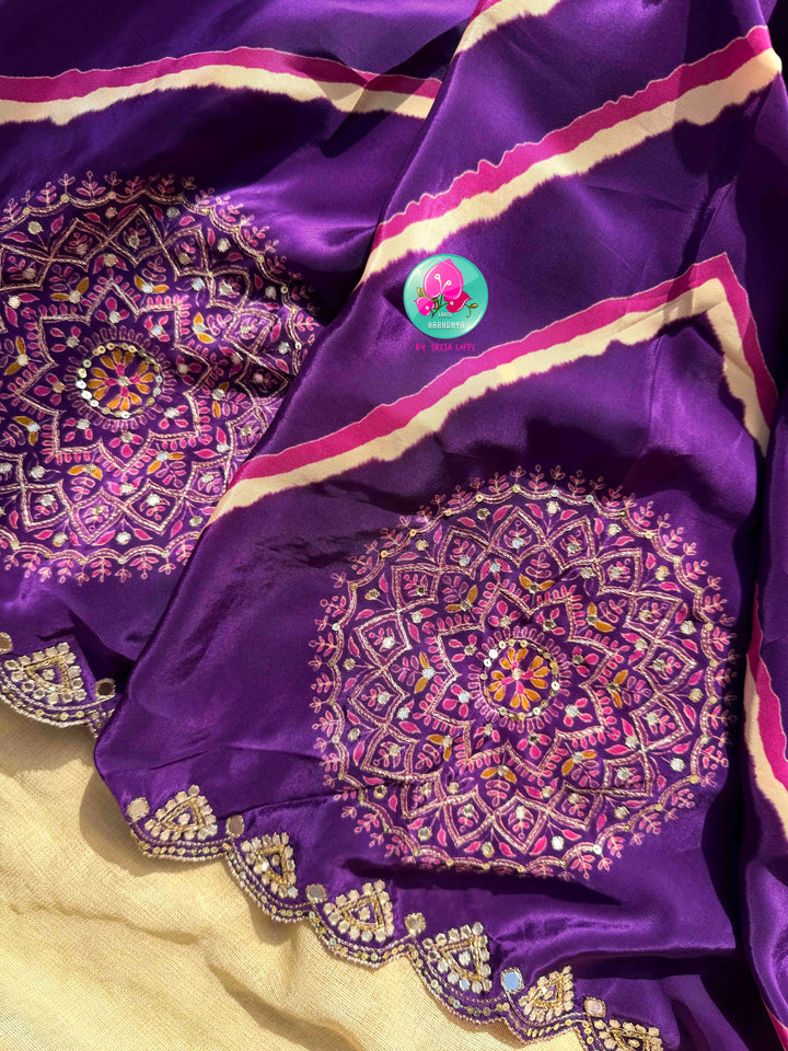 Contemporary Partywear Glamour: Imperial Purple Leheriya Crape Saree & Sunflower Yellow Mirror Blouse