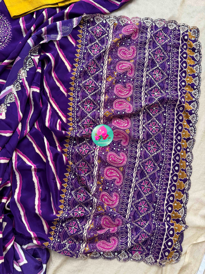 Contemporary Partywear Glamour: Imperial Purple Leheriya Crape Saree & Sunflower Yellow Mirror Blouse