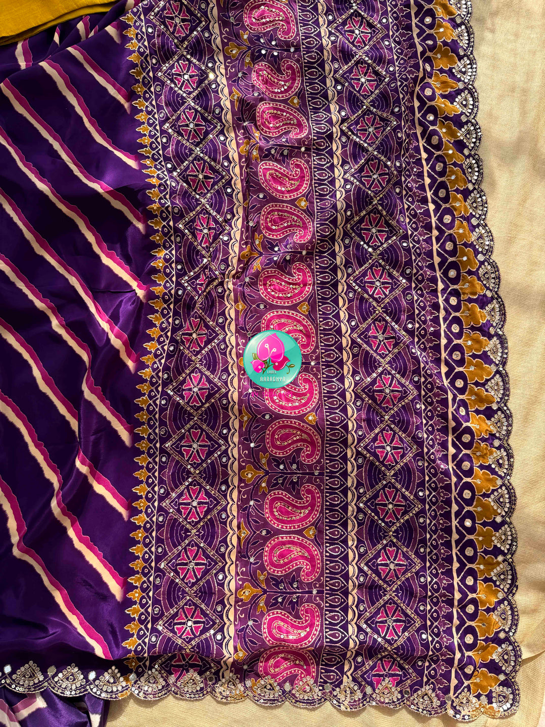 Contemporary Partywear Glamour: Imperial Purple Leheriya Crape Saree & Sunflower Yellow Mirror Blouse