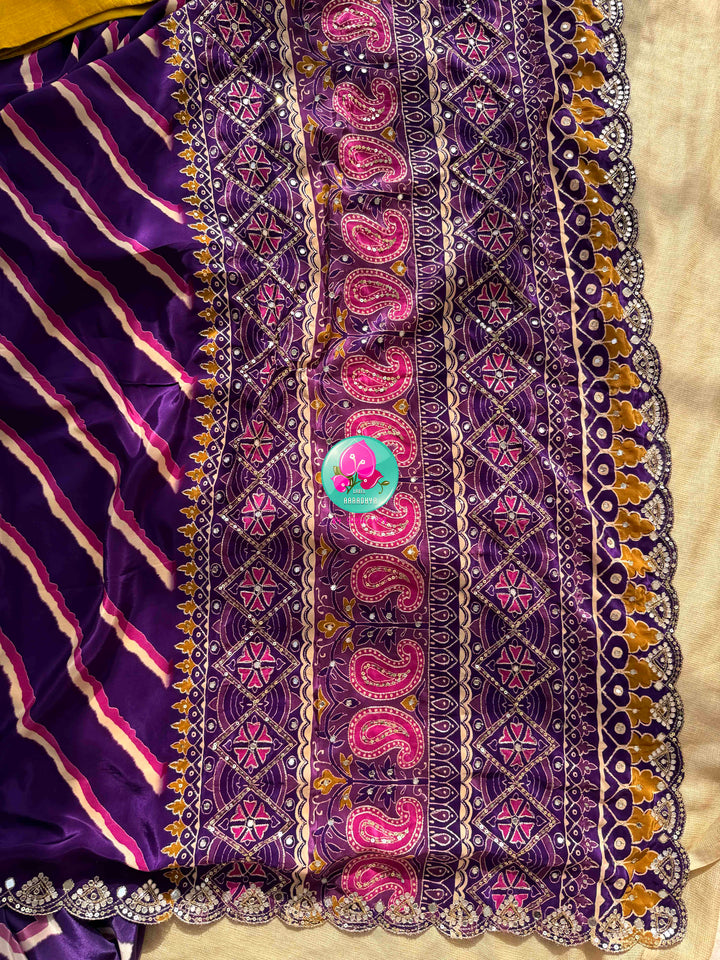 Contemporary Partywear Glamour: Imperial Purple Leheriya Crape Saree & Sunflower Yellow Mirror Blouse