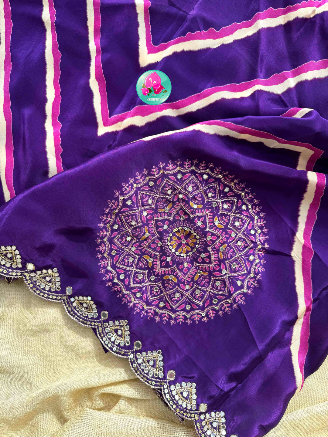 Contemporary Partywear Glamour: Imperial Purple Leheriya Crape Saree & Sunflower Yellow Mirror Blouse