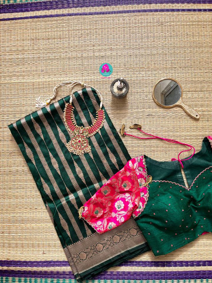 Pure Benarasi katan silk saree with pure Benarasi pleated maggam work blouse