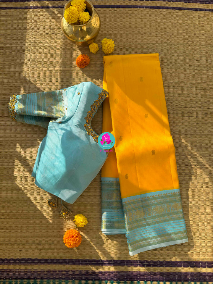 2G Zari Pure Kanchipuram saree with vintage mustard colour in hand embroidered light blue contrast blouse