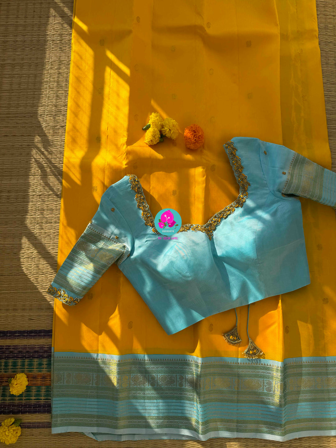 2G Zari Pure Kanchipuram saree with vintage mustard colour in hand embroidered light blue contrast blouse