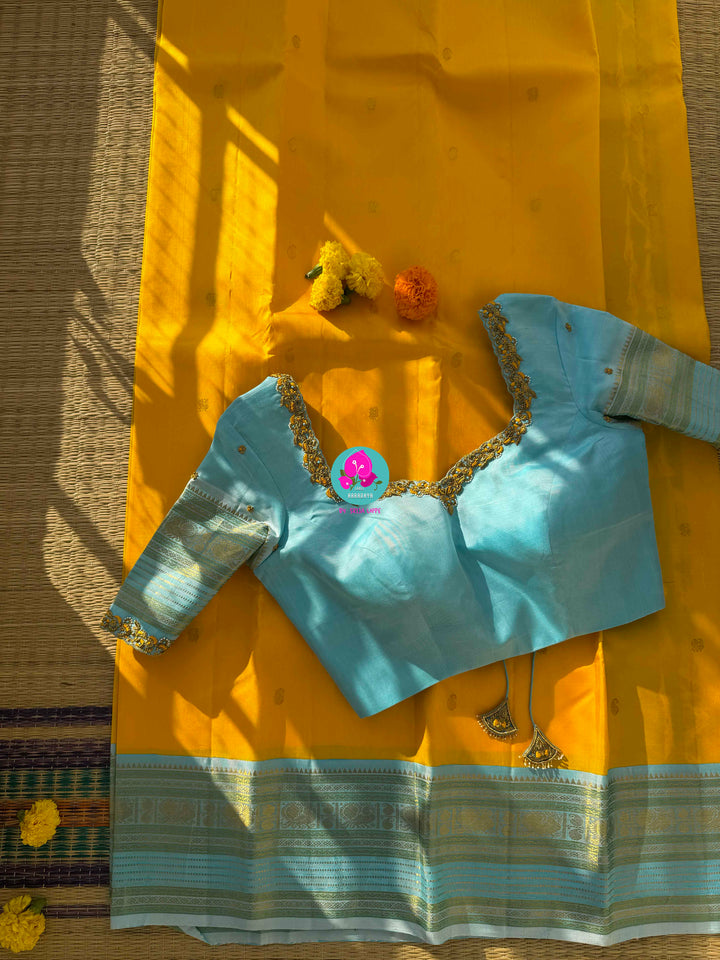 2G Zari Pure Kanchipuram saree with vintage mustard colour in hand embroidered light blue contrast blouse