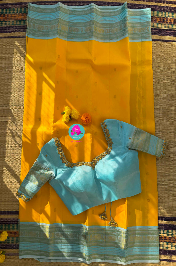 2G Zari Pure Kanchipuram saree with vintage mustard colour in hand embroidered light blue contrast blouse