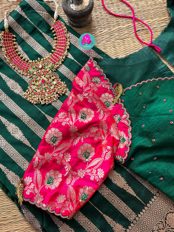 Pure Benarasi katan silk saree with pure Benarasi pleated maggam work blouse