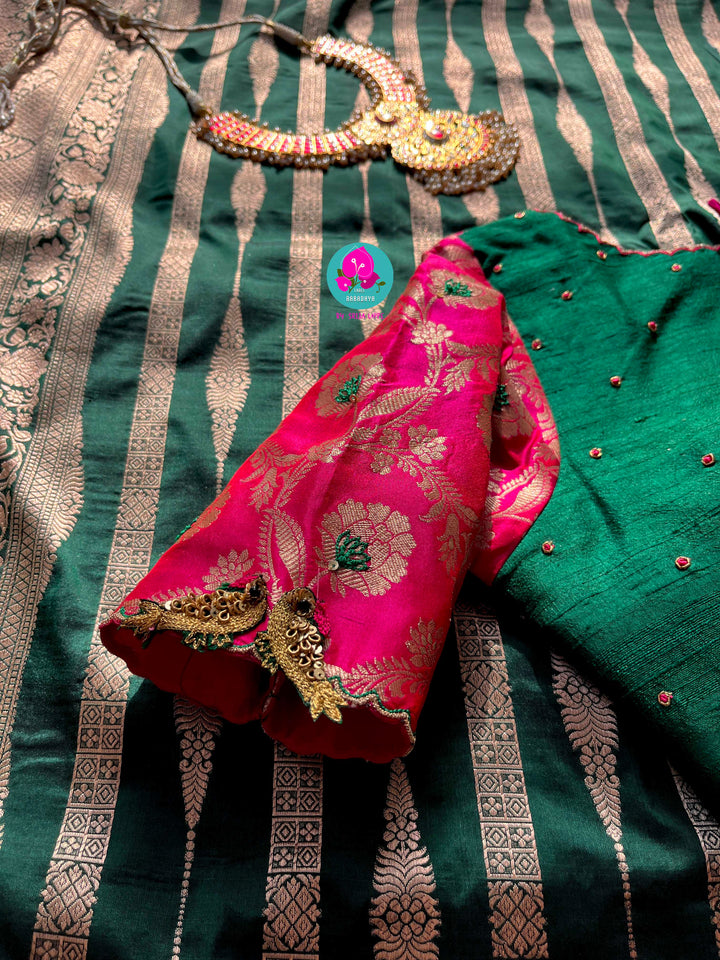 Pure Benarasi katan silk saree with pure Benarasi pleated maggam work blouse
