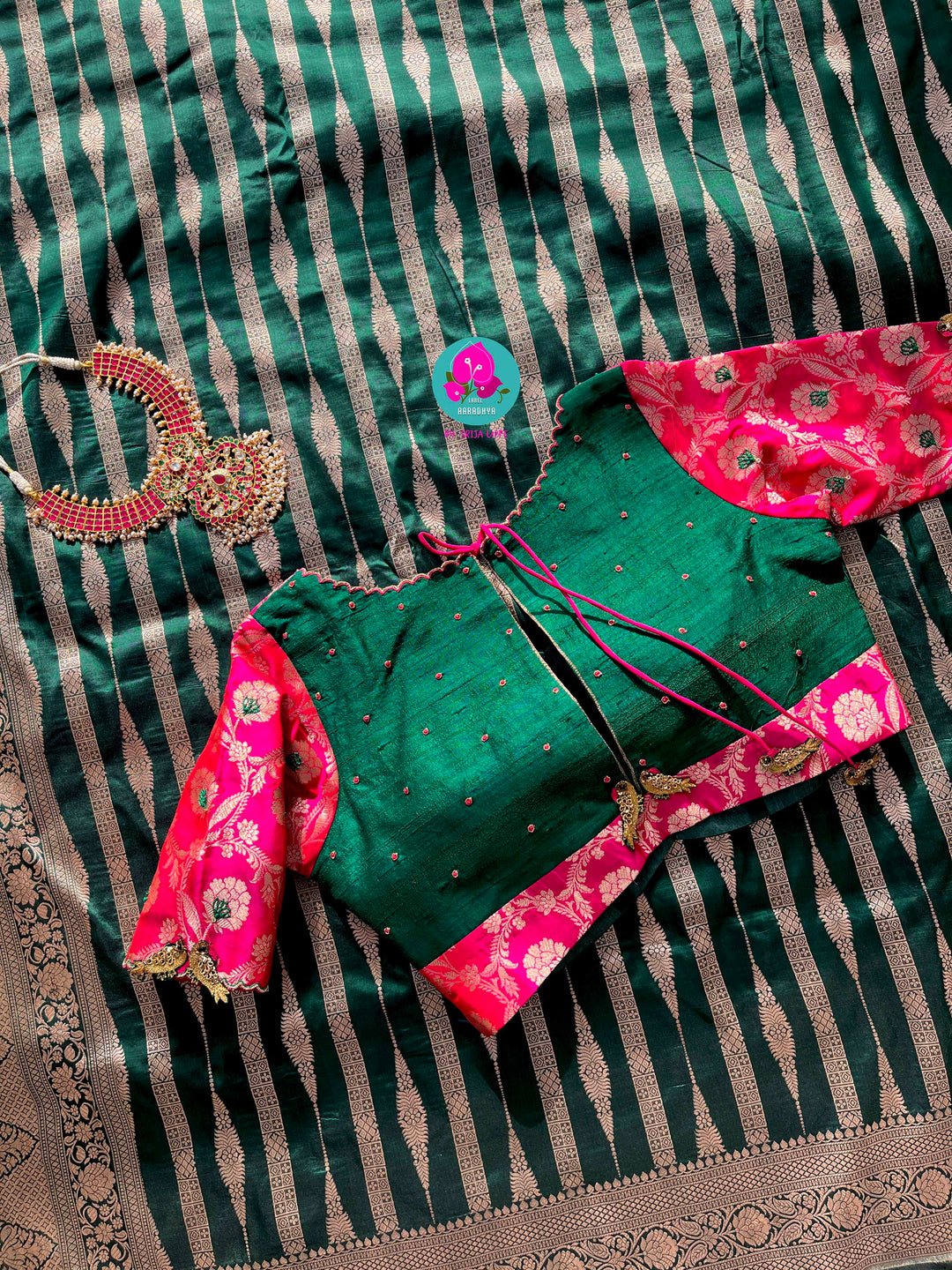 Pure Benarasi katan silk saree with pure Benarasi pleated maggam work blouse