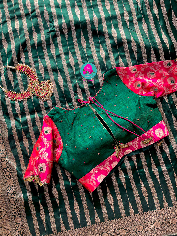Pure Benarasi katan silk saree with pure Benarasi pleated maggam work blouse