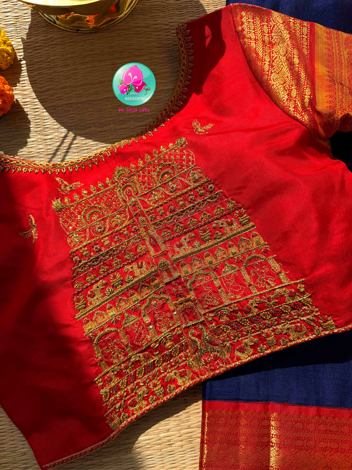 Sacred Temple Splendor: Vintage Royal Blue Kanchipattu Saree with Gopuram-Embroidered Crimson Blouse