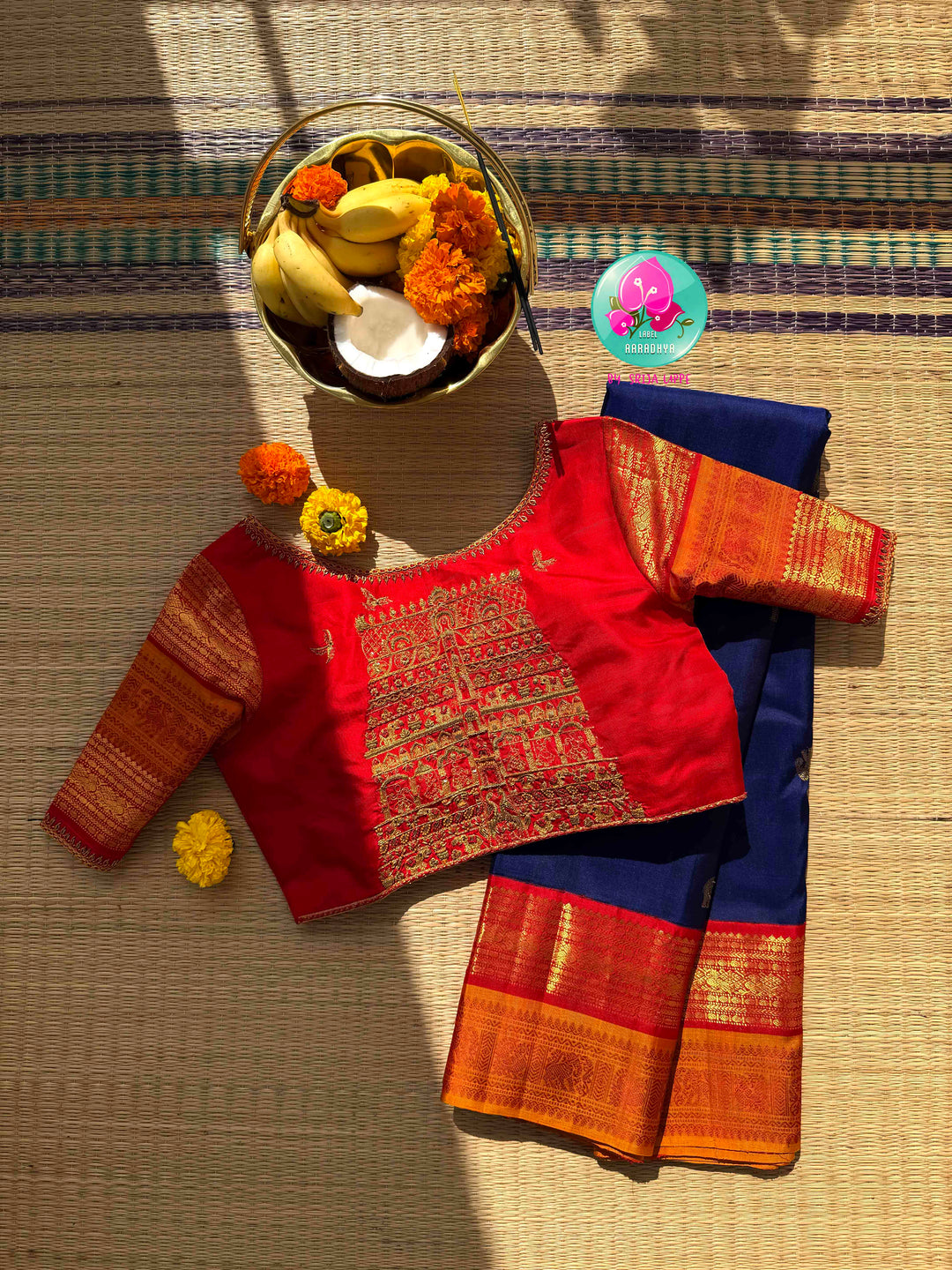 Sacred Temple Splendor: Vintage Royal Blue Kanchipattu Saree with Gopuram-Embroidered Crimson Blouse