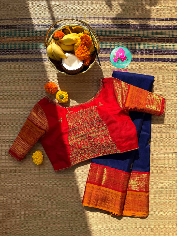 Sacred Temple Splendor: Vintage Royal Blue Kanchipattu Saree with Gopuram-Embroidered Crimson Blouse