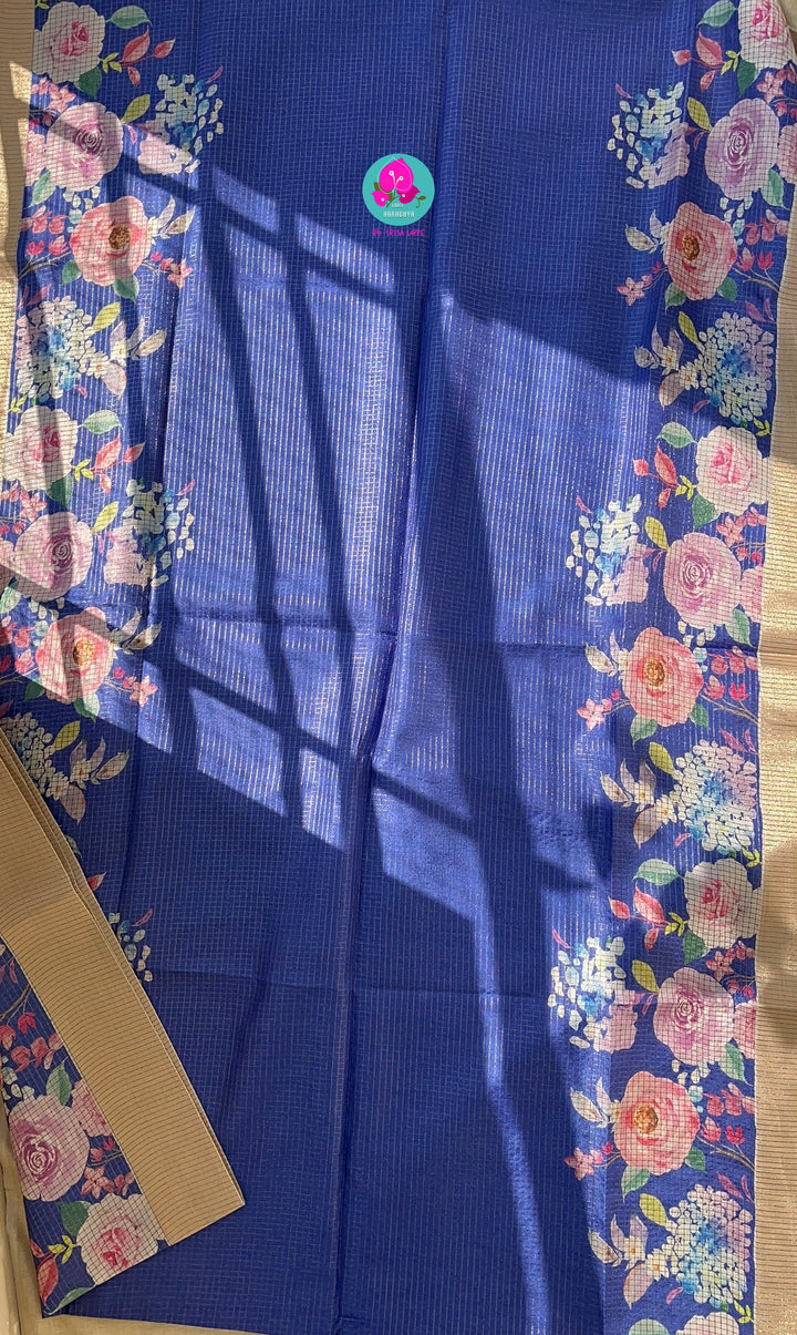 Tussar Zari Checks Saree with Pretty Floral Digital print paired with Blouse
