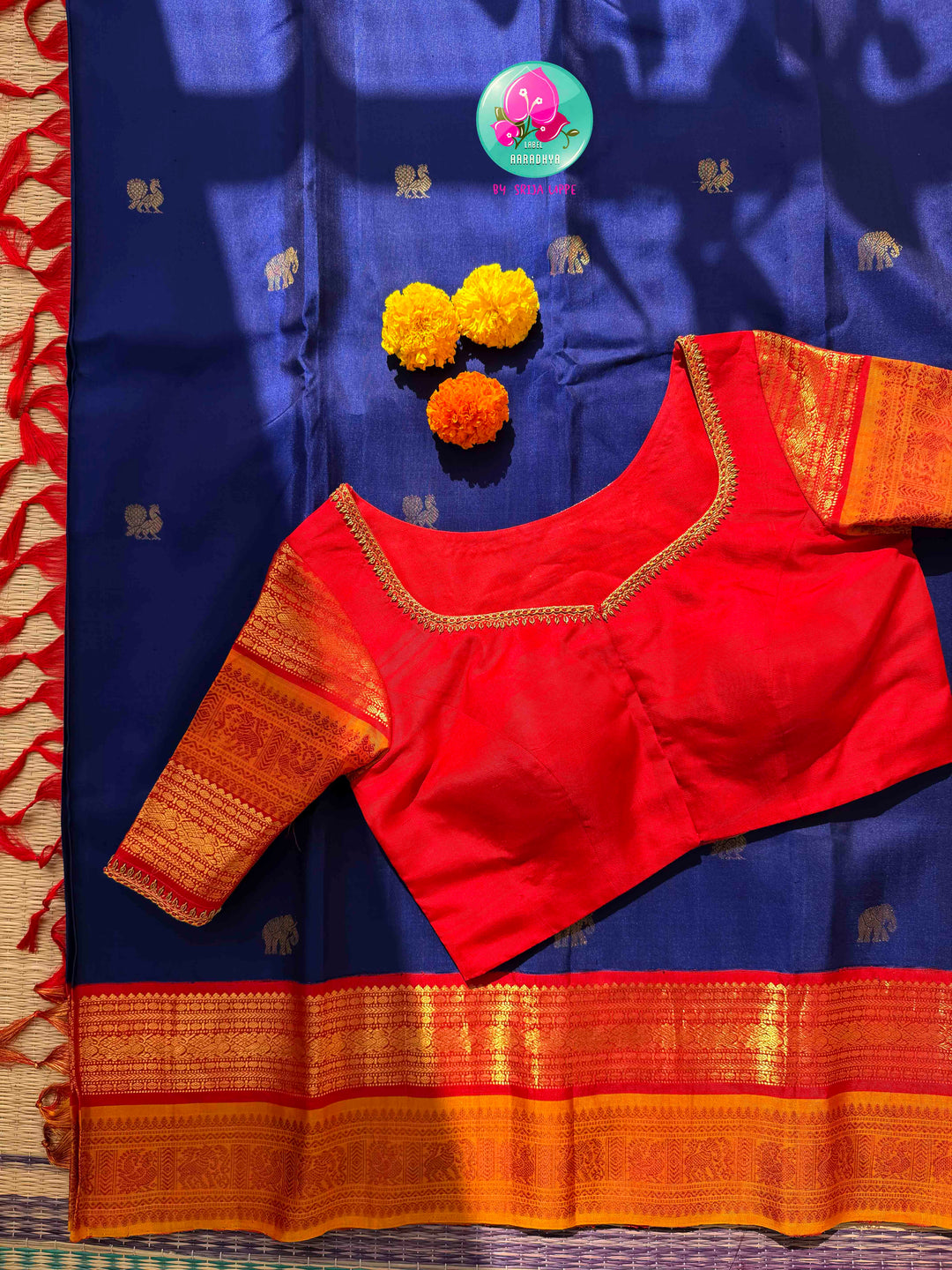 Sacred Temple Splendor: Vintage Royal Blue Kanchipattu Saree with Gopuram-Embroidered Crimson Blouse