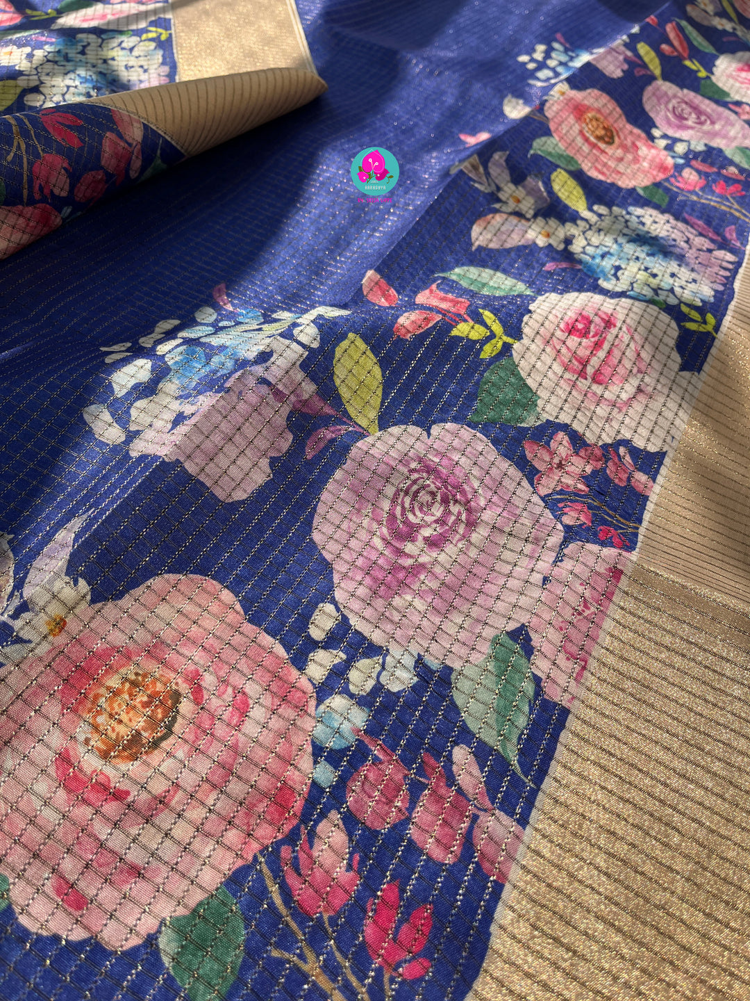 Tussar Zari Checks Saree with Pretty Floral Digital print paired with Blouse