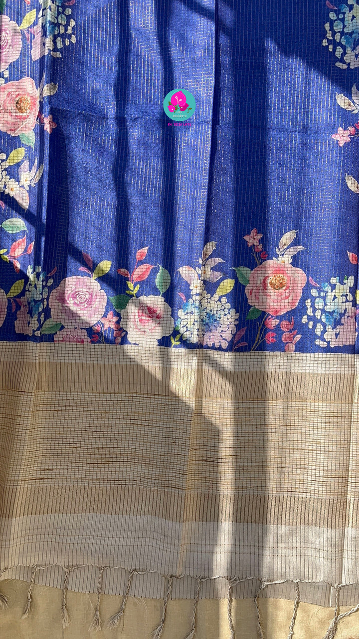 Tussar Zari Checks Saree with Pretty Floral Digital print paired with Blouse