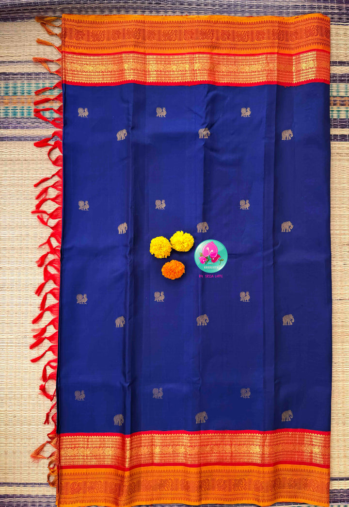 Sacred Temple Splendor: Vintage Royal Blue Kanchipattu Saree with Gopuram-Embroidered Crimson Blouse