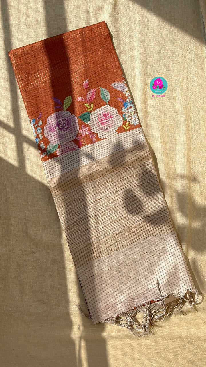 Tussar Zari Checks Saree with Pretty Floral Digital print