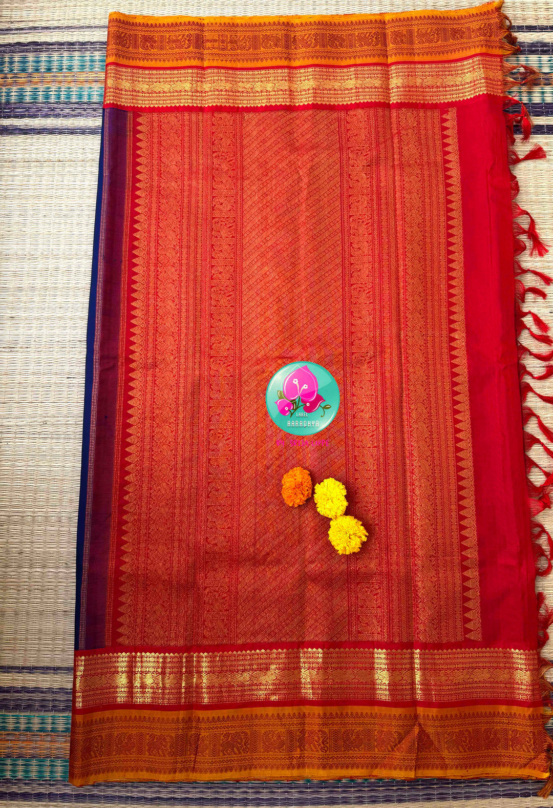 Sacred Temple Splendor: Vintage Royal Blue Kanchipattu Saree with Gopuram-Embroidered Crimson Blouse