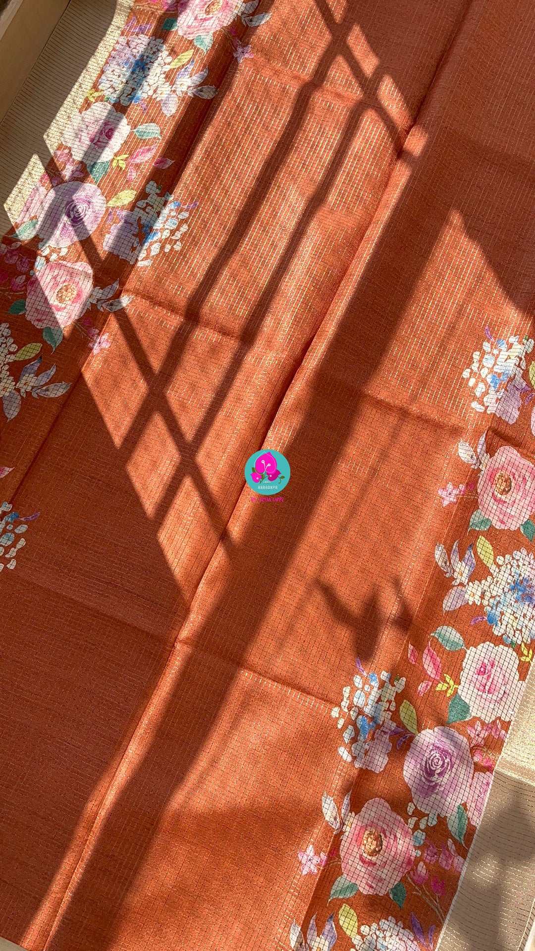 Tussar Zari Checks Saree with Pretty Floral Digital print
