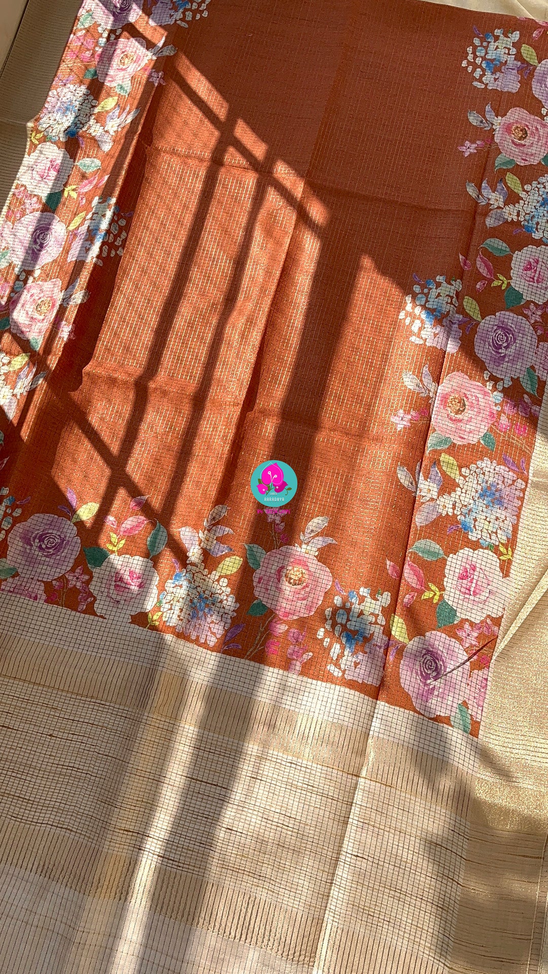 Tussar Zari Checks Saree with Pretty Floral Digital print