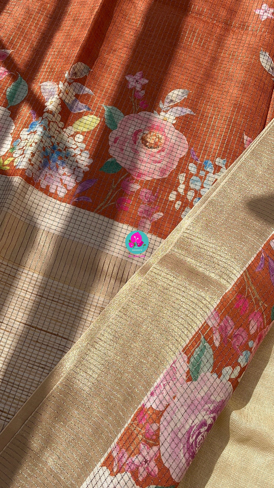 Tussar Zari Checks Saree with Pretty Floral Digital print