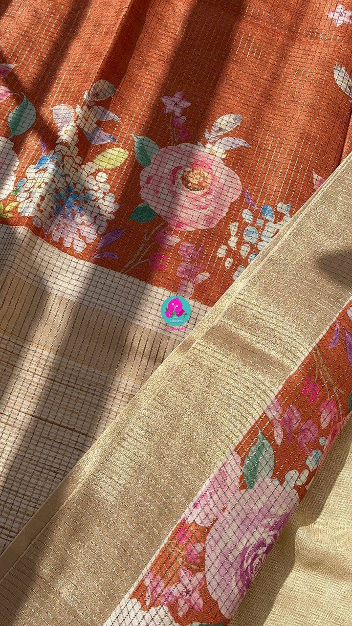 Tussar Zari Checks Saree with Pretty Floral Digital print