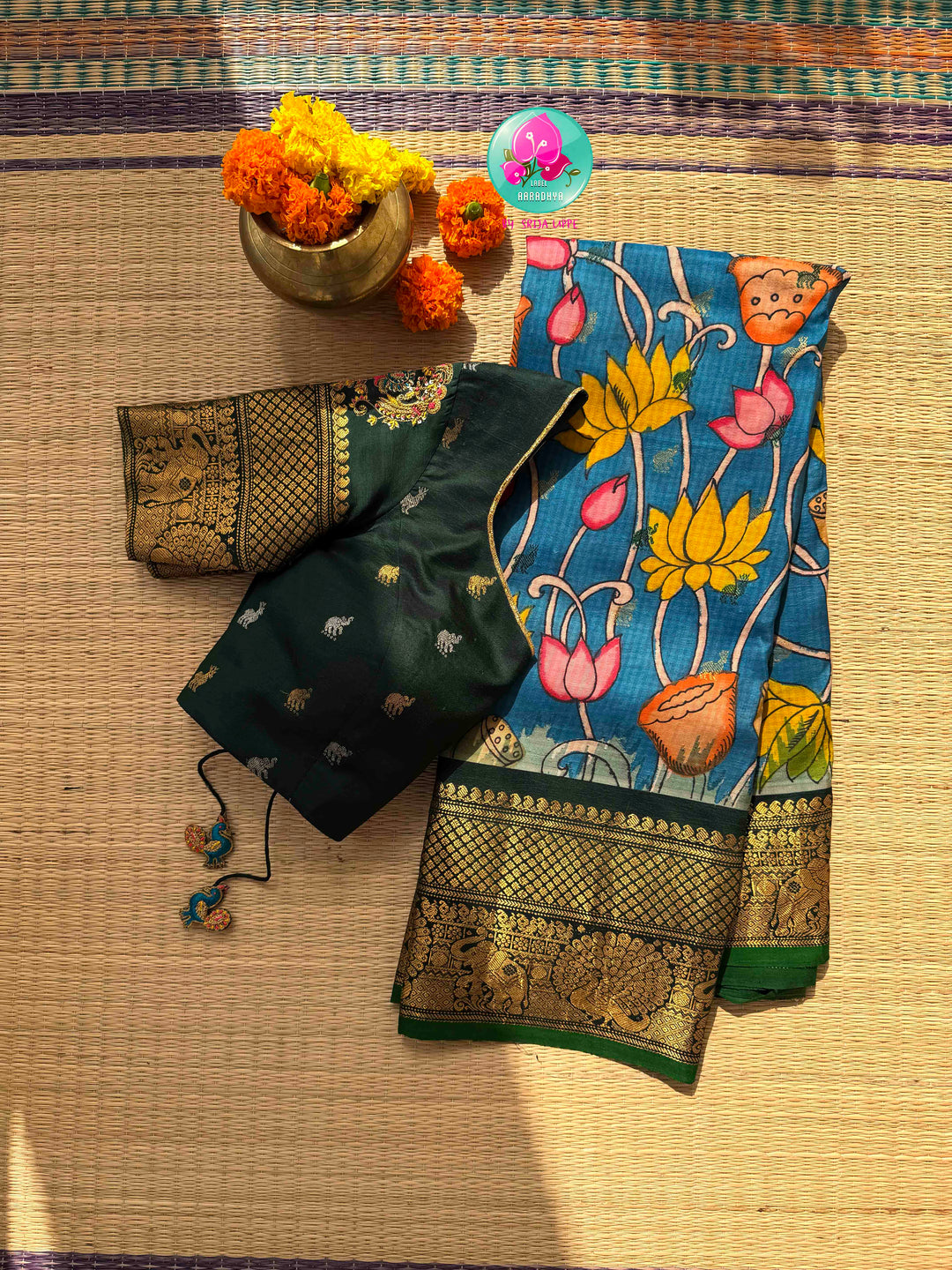 Artisanal Water Garden: Pure Gadwal Handloom Pen Kalamkari Saree & Bottle Green Maggam Blouse