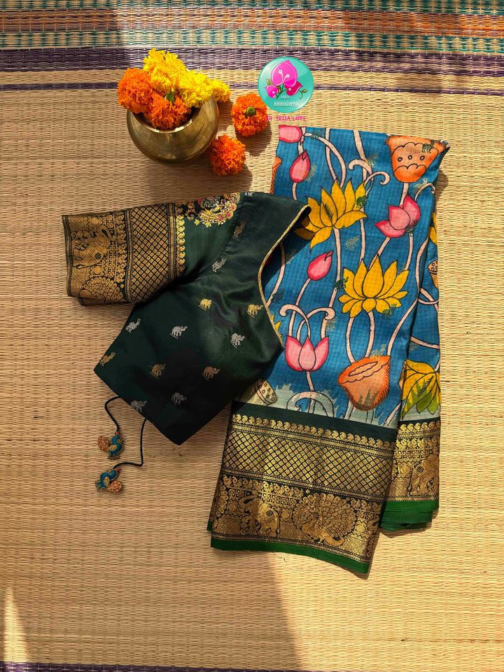 Artisanal Water Garden: Pure Gadwal Handloom Pen Kalamkari Saree & Bottle Green Maggam Blouse