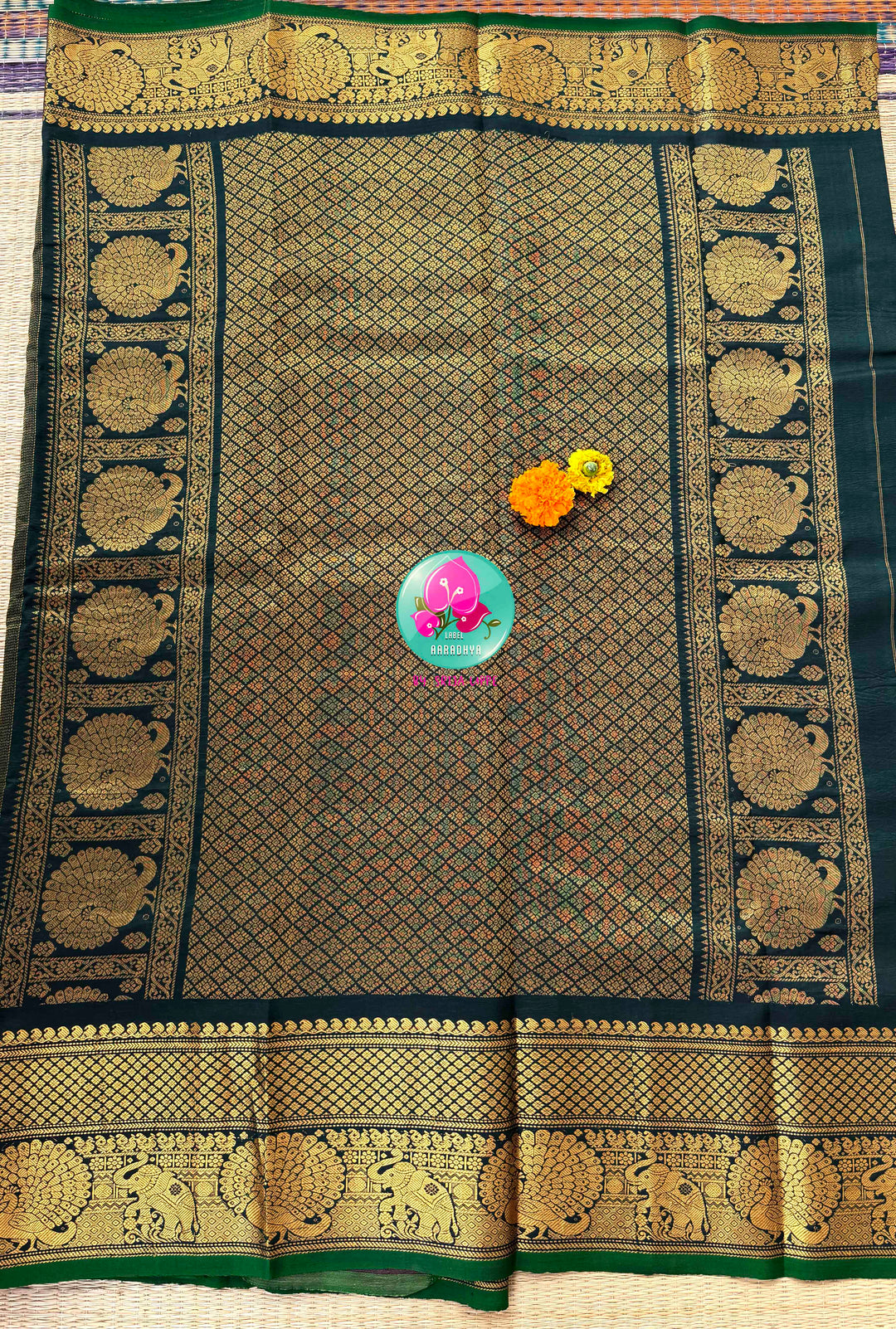 Artisanal Water Garden: Pure Gadwal Handloom Pen Kalamkari Saree & Bottle Green Maggam Blouse